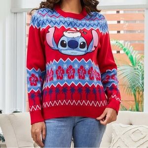 Disney Women Stitch Christmas Snow Long Sleeve Crew Neck Pullover Sweater Tops